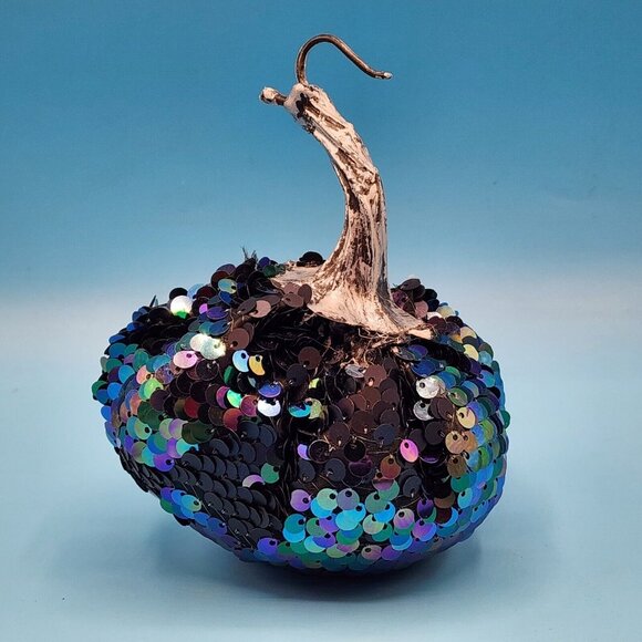 Blue Pumpkins Sequin Iridescent Fabric Gothic Halloween Decor Silver Stems 3 PC - Picture 6 of 10